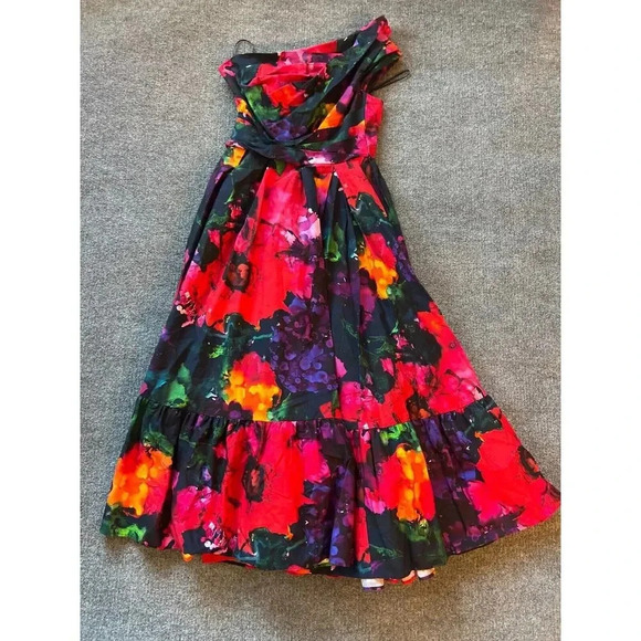 $2385 Talbot Runhof Downey Multicolor Floral Ruffle One Shoulder Dress Sz L - Picture 5 of 10